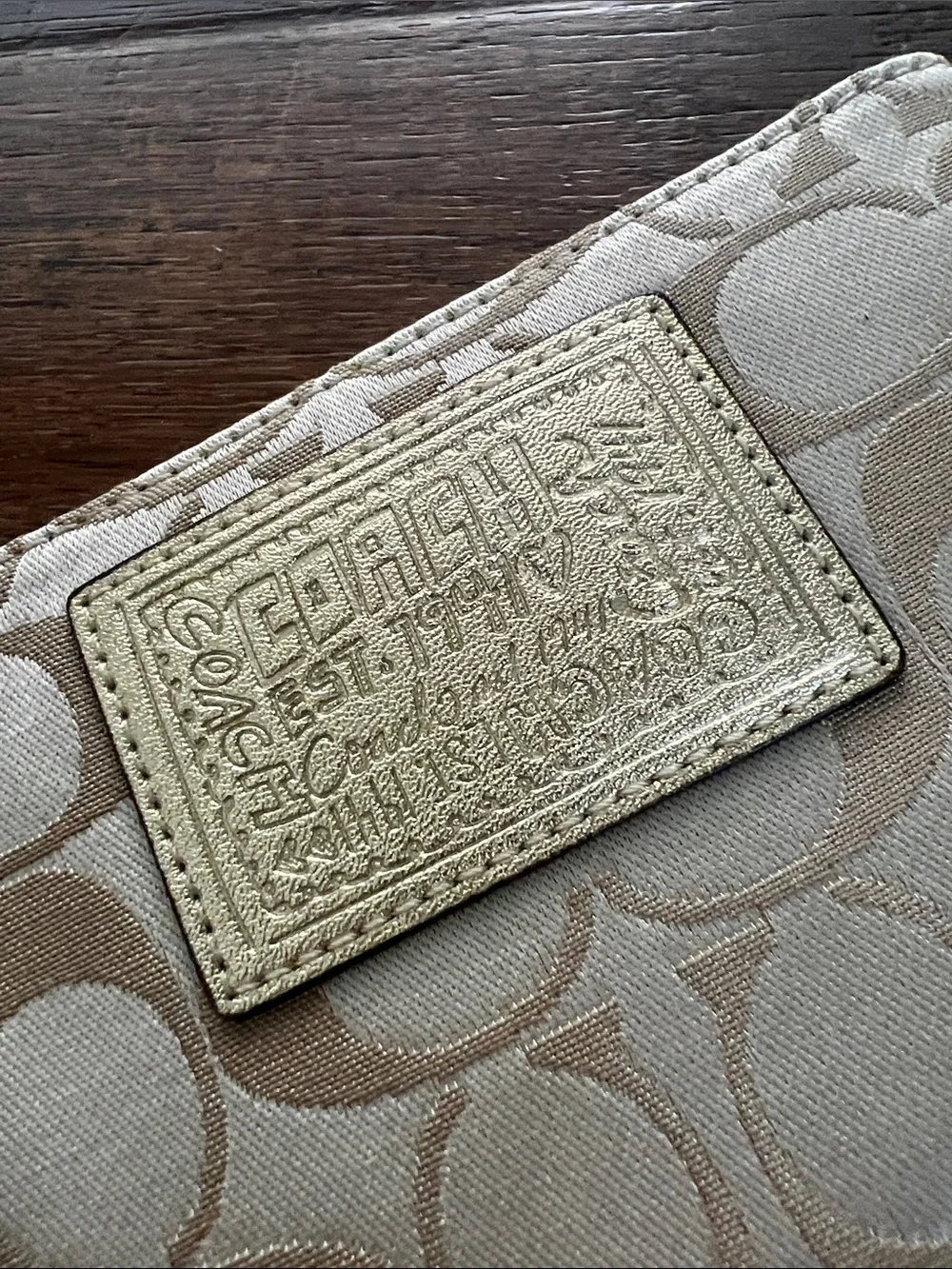 Coach Beige Signature Wristlet with Gold Patch